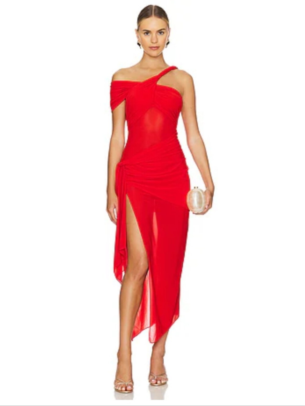 Ronny Kobo Collection Vipor Red Mesh  One-Shoulder Ruched High-Slit Dress
